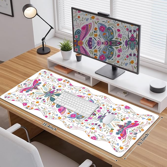 Desk Mat for Keyboard and Mouse, Large Non-Slip Mouse Pad Keyboard Pad, Computer Mats for Desktop, Cute Desk Pad with Stitched Edges for Office, Gaming I Pure White Vibrant Florals
