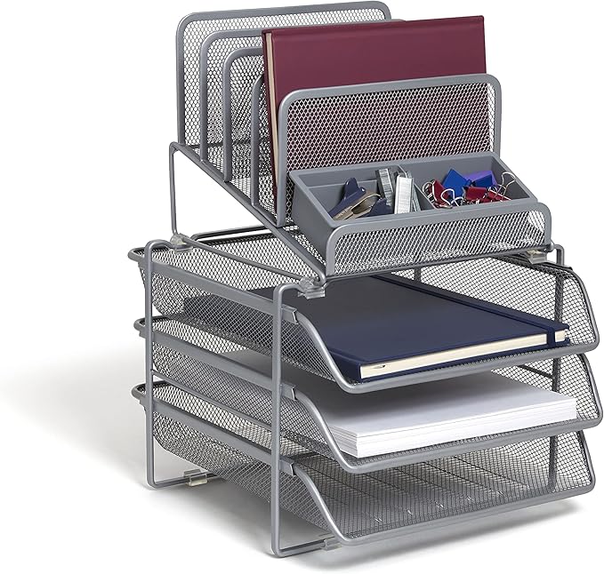 TRU RED All‑In‑One Wire Mesh Desk Organizer, 10‑Compartment, Silver – Complete Desktop Storage Solution for Office & Home Use