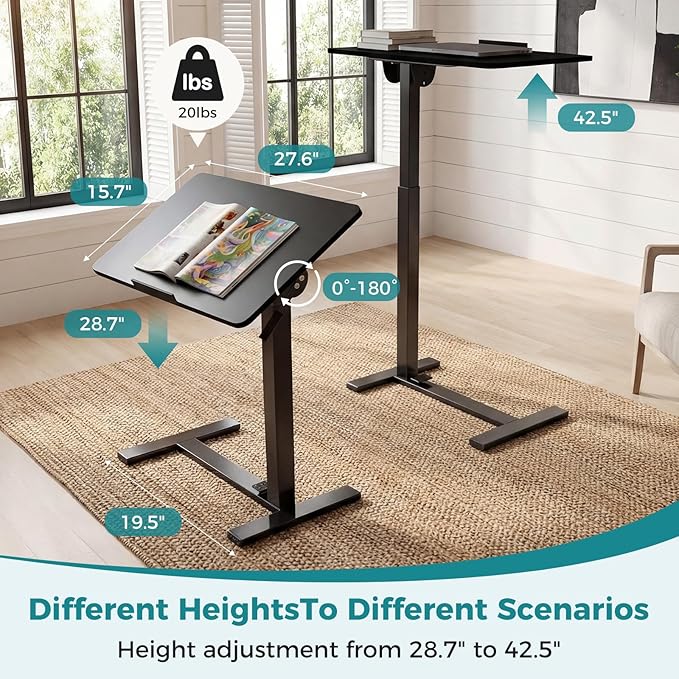 OLIXIS Mobile Standing Desk, Height-Adjustable Computer Cart with Pneumatic Lift, Portable Computer Workstation Cart for Bed, Couch, Office, Sofa, Black
