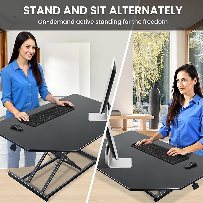 Aconcept 36 inch Black Corner Height Adjustable Standing Desk Converter, One-Click Sit to Stand up Desk Riser, Pre-Assembled for Dual Monitor and Laptop Workstation