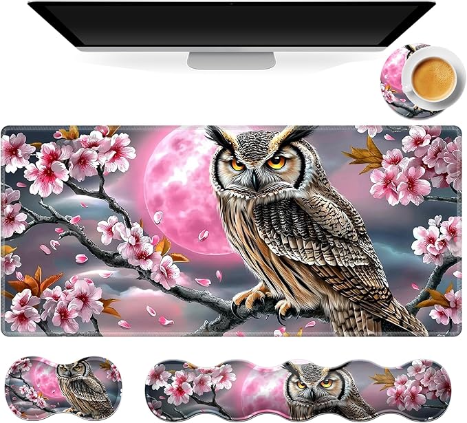 Gaming Mouse Pad Set, Cherry Tree Owl Large Desk Mat Mousepad, Keyboard Wrist Support, Mouse Wrist Rest, Coaster 4in1 Ergonomic Memory Foam, Non-Slip Stitched Edge for Home Office