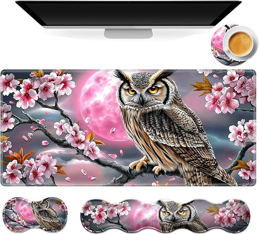 Gaming Mouse Pad Set, Cherry Tree Owl Large Desk Mat Mousepad, Keyboard Wrist Support, Mouse Wrist Rest, Coaster 4in1 Ergonomic Memory Foam, Non-Slip Stitched Edge for Home Office