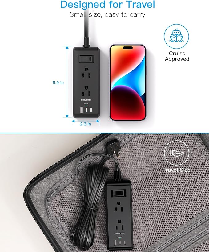 Black Extension Cord 10 Ft, HANYCONY Ultra-Thin Flat Plug Power Strip with 6 Outlets and 3 USB Ports (2 USB C), Long Extension Cord with Multiple Outlets for College Dorm Room Office Desk Essentials