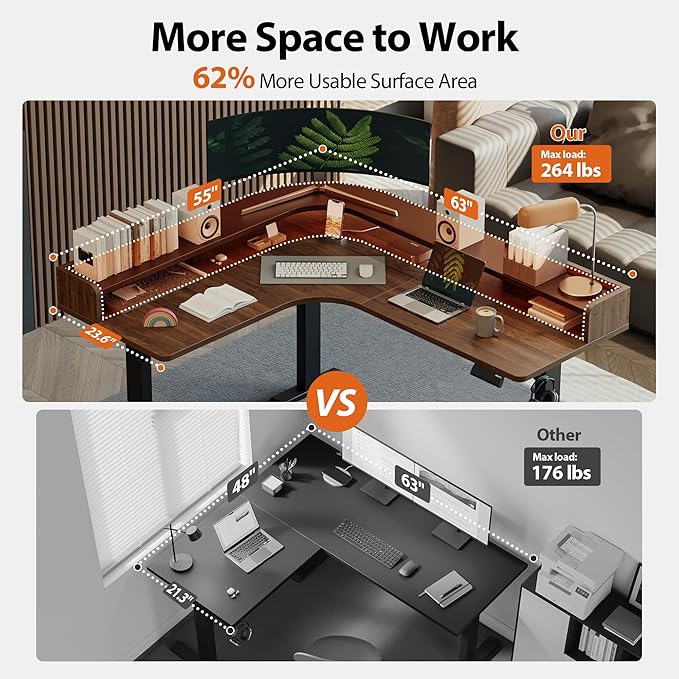 Agilestic L Shaped Standing Desk, Corner Desk with Monitor Shelf, Adjustable Height Gaming Table, Sit Stand Up Table, 63 x 55 Inch Home Office Computer Workstation, Splice Board, Dark Walnut