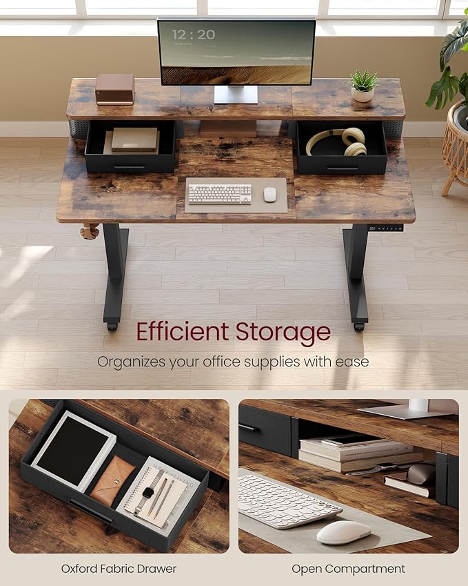 VASAGLE Electric Standing Desk with Drawers, Sit Stand Desk with Built-in Power Strip, Adjustable Height, 47.2 x 23.6 Inches, 2 Hooks, Memory Function, for Home Office, Rustic Brown ULSD182KD01