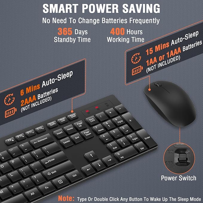 Wireless Keyboard and Mouse Combo, EDJO Silent Full Size Cordless USB Keyboard Mouse, 2.4GHz Lag-Free, Long Battery Life, for Computer, Laptop, PC, Chromebook, Windows (Black, 2 Pack)