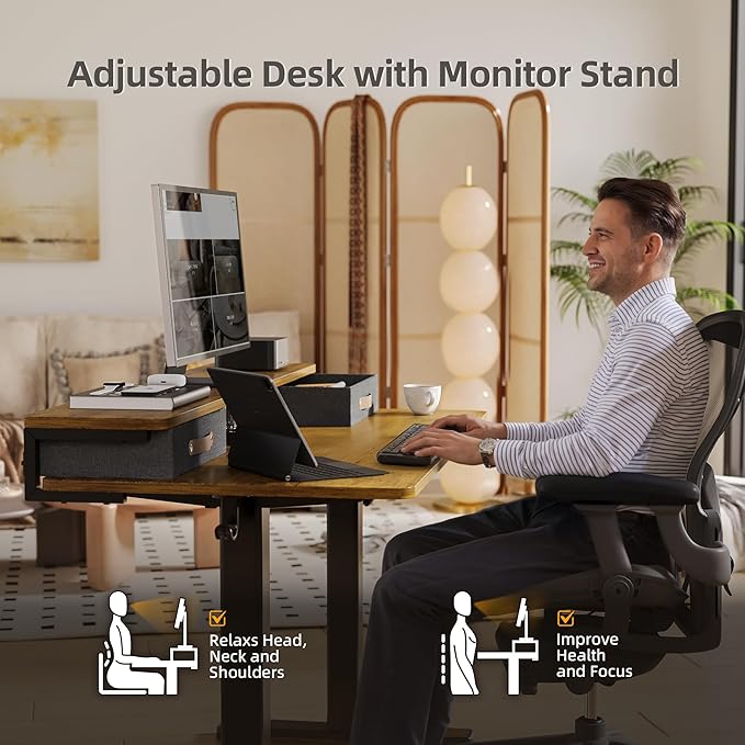 Seang Electric Standing Desk with 2 Drawers, Adjustable Standing Desk with Storage Shelf, Height Adjustable Stand up Desk for Home Office with 3 Presets & 2 Hooks,48 Inch, Rustic Brown