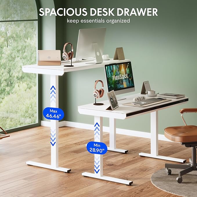 FLEXISPOT One-Piece 48" Standing Desk with Acrylic-Front Drawer, Fast-Assembly Ergonomic Sit-to-Stand Desk with MDF Top, 4 Height Memory Presets Touch-Control, Home Office Computer Workstation, White