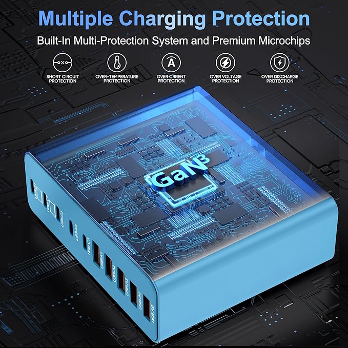 800W USB C Charger Block,10-Port Charging Station GaN Fast Charging Type C & USB A Wall Charger Adapter for MacBook Pro/Air,iPhone,iPad,Dell XPS,Samsung Galaxy(Blue)