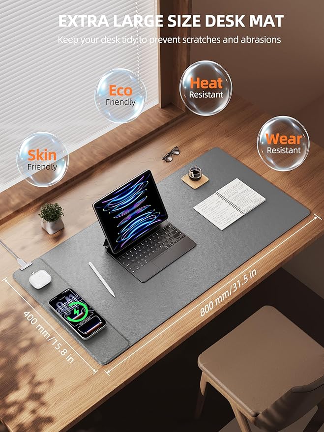 TopMade Mouse Pad with 15W Wireless Charging, XXL Large Leather Desk Mat, Waterproof Gaming Mousepad Home Office Desk Pad Protector, Computer Keyboard Pad, Mouse Mat for MacBook, PC, Laptop, Gray