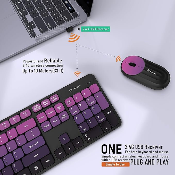 Wireless Keyboard and Mouse Combo - 2.4G Wireless, Rechargeable, Low-Noise, Cute Colorful, Full-Sized, 3 DPI Adjustable Mouse, for Computer, Laptop, PC, Desktop (Black Pink)