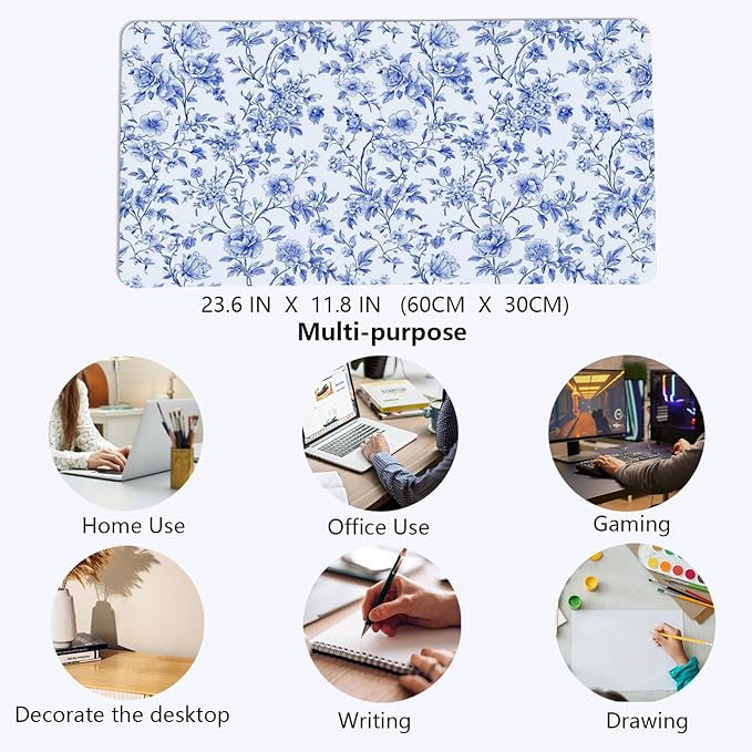Light Blue Chinoiserie Mouse Pad,Vintage Blue And White Floral Desk Mat,XL Large Vintage Floral Preppy Mouse Pad,Girly Gaming Mousepad,Girly Laptop Desk Mat For Dorm Home Office,23.6x11.8 Inch