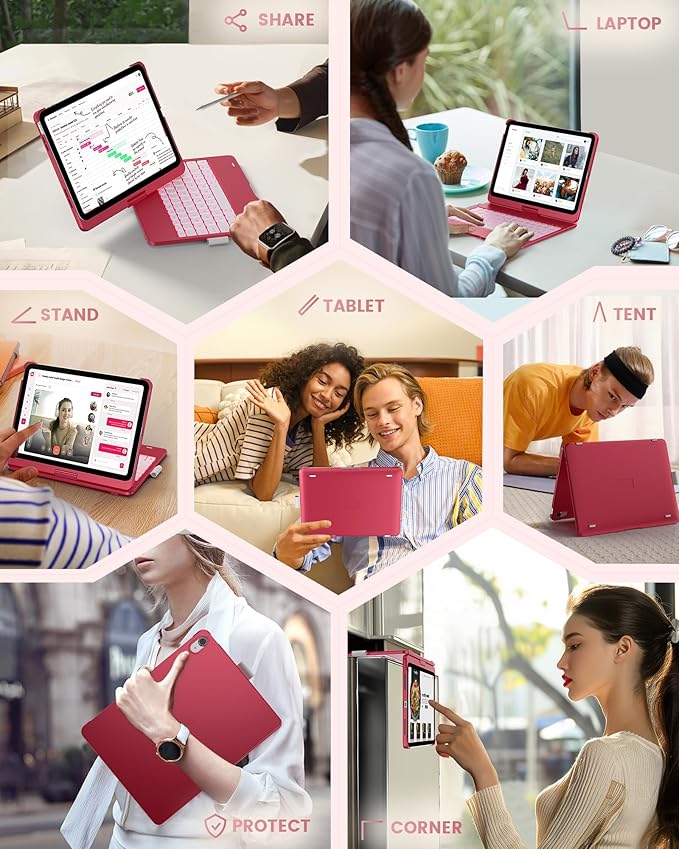 typecase Flexbook Keyboard Case for iPad 11th (A16, 2025) and iPad 10th Gen (10.9", 2022) – No Trackpad, 11-Color Backlight, 360° Rotatable, 7 Use Modes, Thin & Lightweight – Pink