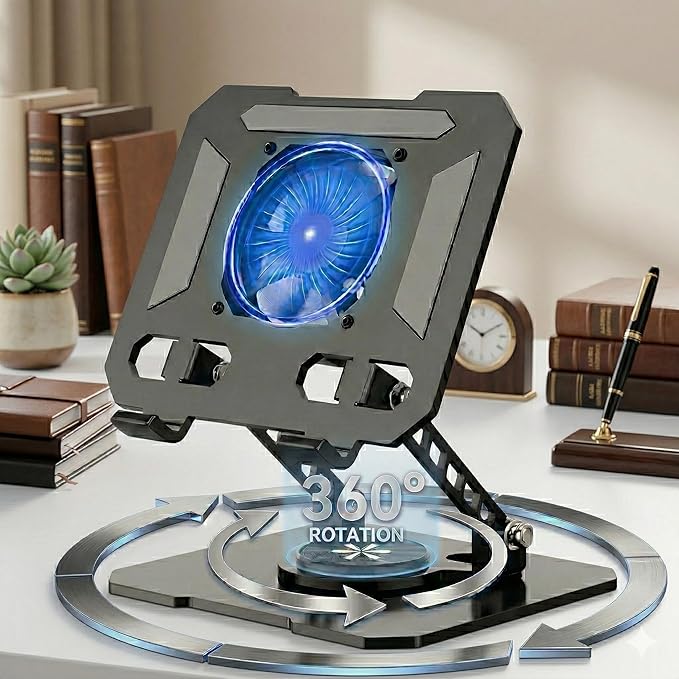 Black Laptop Cooling Stand with Turbo Fan, Adjustable Height & Angle, 360° Rotating Aluminum Notebook Riser for Up to 15.6” Laptops & Tablets (Best for 13” Lightweight Devices)