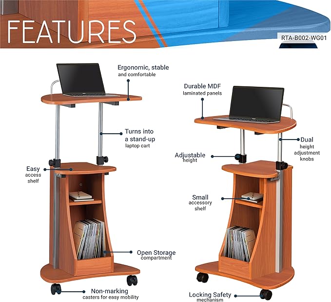Adjustable Height Laptop Cart With Storage. Color: Woodgrain