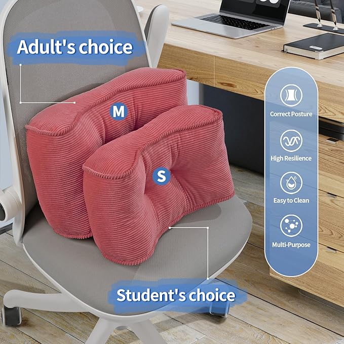Lumbar Support Pillow for Study Desk Chair, Bite-Size Natural Latex Foam Back Support Pillow for Lower Back Pain Relief, Soft & Support Corduroy Office Chair Cushion, S, Pink