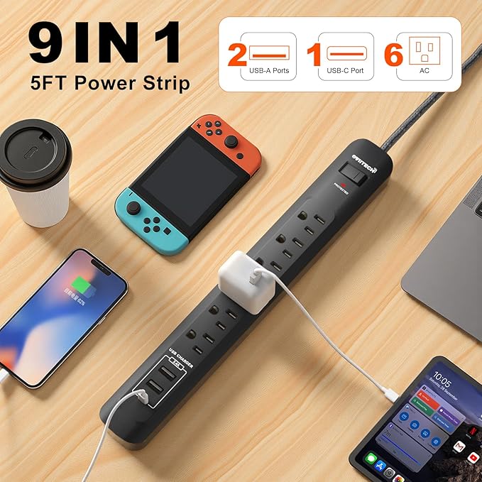 2 Pack Power Strip Surge Protector - 5Ft Extension Cord with 6 Outlets with 3USB Ports(1 USB C) Port, 1875W/15A, Flat Plug, Wall Mount Desk Charging Station for Home Office, Dorm Room