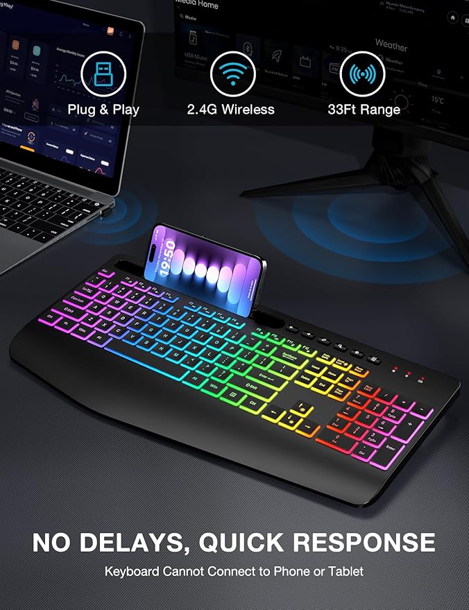 Wireless Keyboard with 8 Colored, 9 Effects Backlits, Wrist Rest, Phone Holder, Rechargeable Ergonomic Computer Keyboard with Silent Keys, 2.4G Lag-Free Cordless Set for PC, Laptop, Windows, MacBook