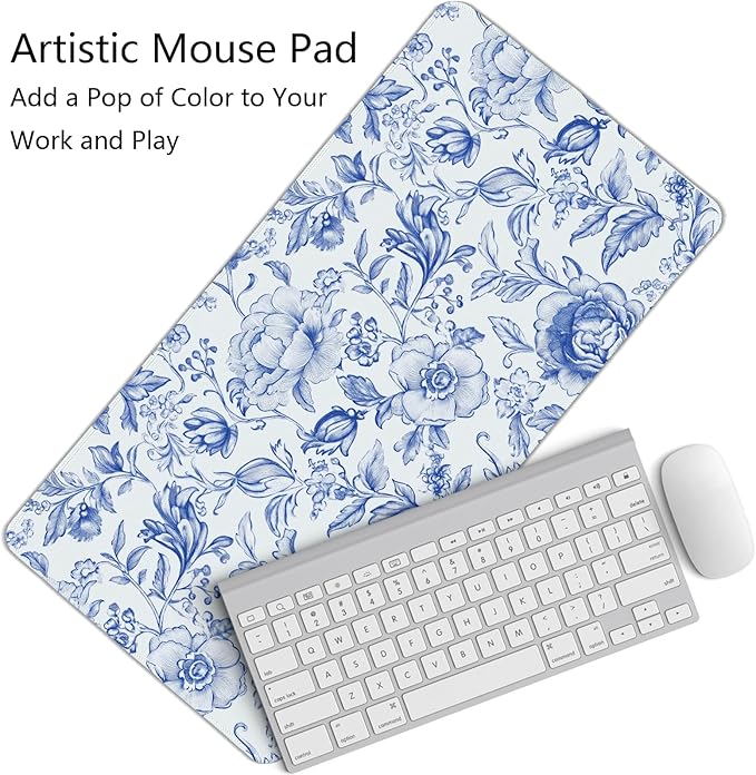 Blue Chinoiserie Mouse Pad,Blue and White Floral Desk Mat, Large Floral Preppy Trendy Mouse Pad,Girly Gaming Mousepad,Girly Laptop Desk Mat for Dorm Home Office Decor,23.6x11.8 Inch