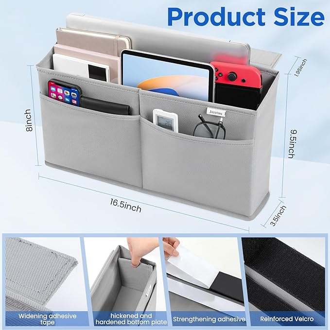 2 Pack Desk Side Hanging Organizer, Adhesive Storage Bag with Pockets for Magazine Ipad Notebook, for End Tables Home Office Desks Computer Workstations Dressing Table, Grey