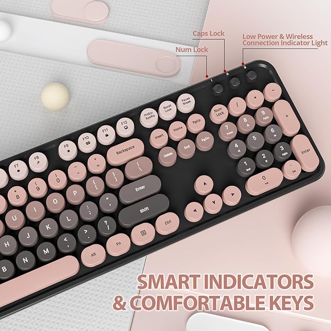 Colorful Pink Keyboard and Mouse Combo Wireless, 2.4G Full Size 104-Key Retro Typewriter Keyboards Round Keys for Students Teenagers Home Office PC Laptop(Heimei)
