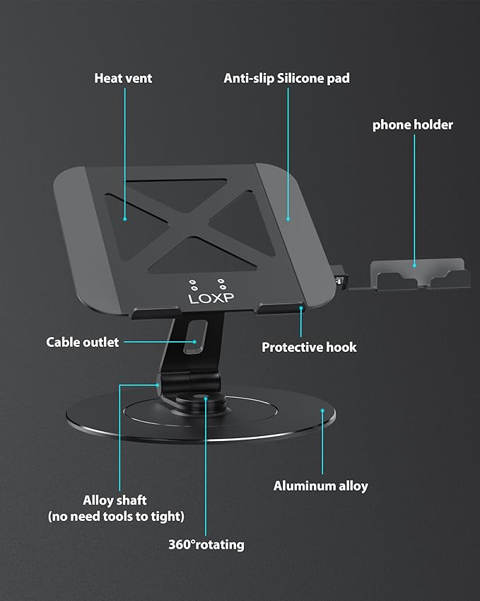 Adjustable 10-17.3" Laptop Stand for Desk with Larger Base & Phone Holder, Aluminum Desktop Organizer for Laptops, Ergonomic Printer Stand Fits MacBook, HP, Dell, All Laptops