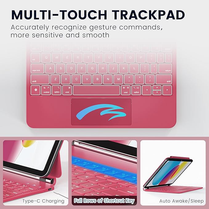 for iPad 11th(A16, 2025)/10th Generation Case with Keyboard, Magic Keyboard 2022, Springy Backlit Keys, Stain-Resistant Surface, Multi-Touch Trackpad, Hot Pink
