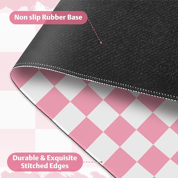 Pink White Desk Pad Mouse Pad, Checkered Pattern Large Gaming Mouse Mat with Stitched Edges, Non-Slip Waterproof Rubber Base Mous Mat for Office Computer Keyboard Laptop Home Decor (35.4X17.5 in)