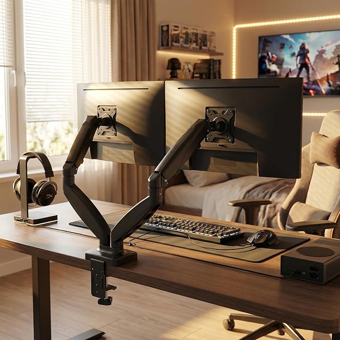 Dual Monitor Arm Stand - Holds 2 Computer Screens up to 32 Inches & 20 lbs Each, Pneumatic Height Adjustable Desk Mount with Articulating Swivel Arms, Full Motion VESA Bracket