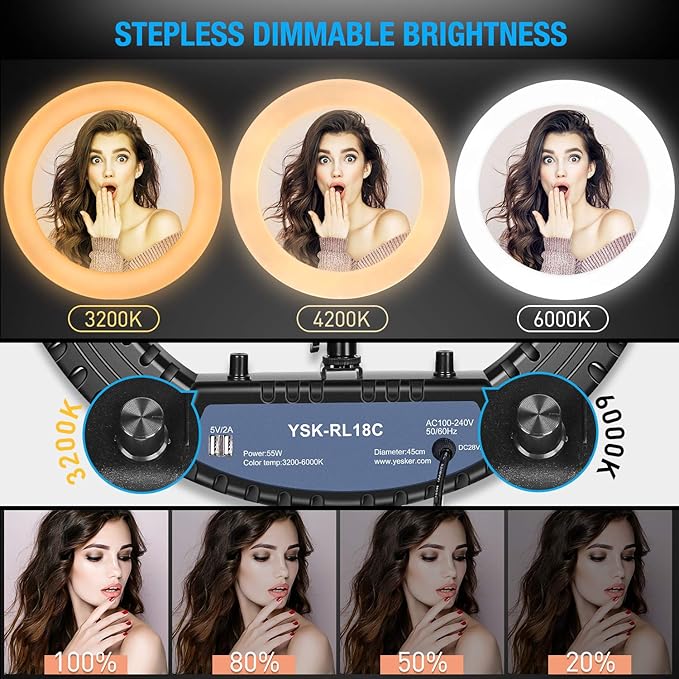 Yesker Ring Light 18 Inch with Stand Tripod Big Selfie Ringlight Adjustable 6000K Dimmable LED Portable Professional Ring Lights Kit Phone Holder for Camera Live Streaming Makeup YouTube Video TikTok
