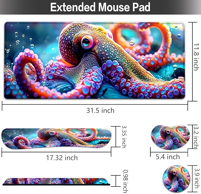 Large Mouse pad and Keyboard Support Set, Ergonomic Memory Foam Keyboard Wrist Rest, Extended Gaming Mouse Pad with Stitched Edges, Octopus XXL Desk Mat (31.5 X 11.8 in) for Home Office