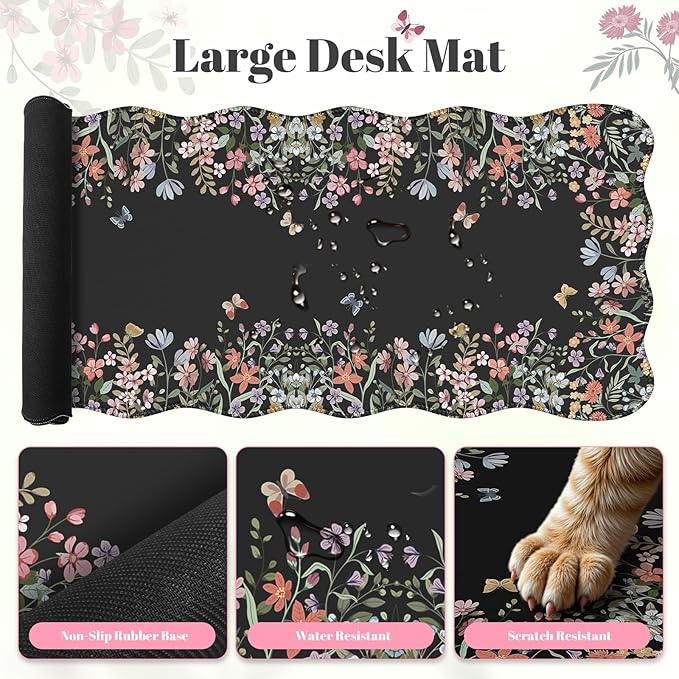iLeadon Floral Desk Cover Mat Cute, Ergonomic Mouse Pad and Keyboard Wrist Rest, Smooth Mouse Pad Set, Non Slip Scalloped Desk Pad Mat for Keyboard and Mouse Set Women Aesthetics(Black)