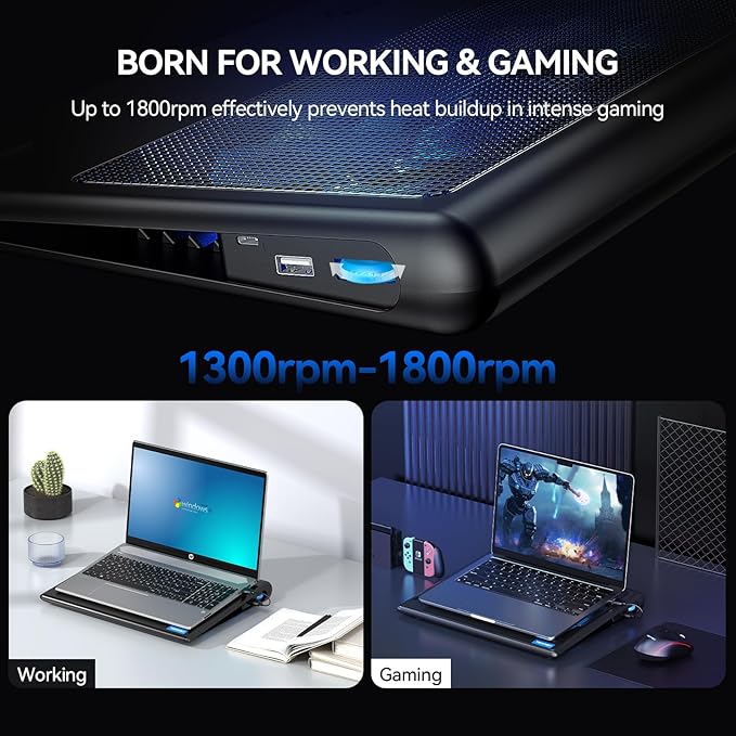 TECKNET Laptop Cooling Pad - 12"-15.6" Laptops Cooler, Powerful Cooler and Ultra Quiet for Gaming Laptops Pad, 2 Wind Speed Adjustable, USB A & C Powered Cooler Stand with Laptop Fan LED (Blue)