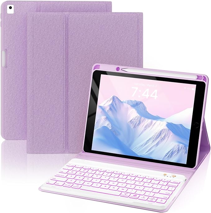 OYEEICE for iPad 9th Generation Case with Keyboard 10.2'' - 7 Color Backlit Wireless Keyboard Cover with Pencil Holder for iPad 9th/8th/7th Gen 10.2 inch, iPad Air 3rd Gen & iPad Pro 10.5" - Purple