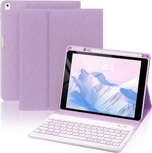 OYEEICE for iPad 9th Generation Case with Keyboard 10.2'' - 7 Color Backlit Wireless Keyboard Cover with Pencil Holder for iPad 9th/8th/7th Gen 10.2 inch, iPad Air 3rd Gen & iPad Pro 10.5" - Purple