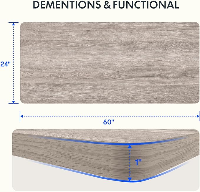 FLEXISPOT Whole Piece 60"x24" Desktop 1" Thickness Height Adjustable Desk Rectangular Tabletop Gray Wood Grain Board (60INCH Gray Wood Grain)