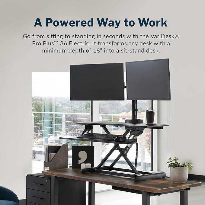 Vari Varidesk Pro Plus 36 Electric Standing Desk Converter – 11 Height Settings + Spring-Loader Lift, 2 Tier Design, Keyboard Tray – Fits Desktops 36” Wide x 26.5" Deep – Fully Assembled (Black)