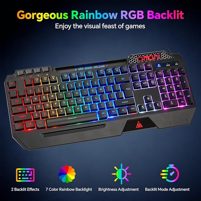 CHONCHOW Gaming Keyboard and Mouse Combo, USB Wired RGB Backlit Anti-Ghosting Silent Keyboard with Ergonomic Wrist Rest & Phone Holder, 7D 7200DPI Gaming Mouse for PC Gamer Xbox PS4 PS5 (RGB-Black)