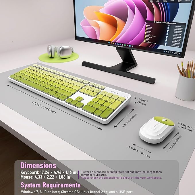 Wireless Keyboard and Mouse Combo - 2.4G Wireless, Rechargeable, Quiet, Cute Colorful, Full-Sized, 3 DPI Adjustable Mouse, for Computer, Laptop, PC, Desktop(Green)