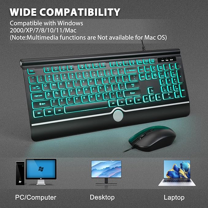 Wired Keyboard and Mouse Combo, Backlit Computer Keyboards with Wrist Rest, Light Up Keyboard Easy to See, 7-Color Backlit Keyboard and Optical Mouse for Windows, PC, Laptop, USB Plug and Play