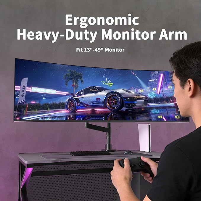 Single Monitor Arm for 17-49 Inch Ultrawide Screens, Single Monitor Mount Heavy Duty up to 44lbs, Adjustable Vertical Stacked Full Motion Single Monitor Arm Desk Mount, 75/100mm VESA Mount, Black