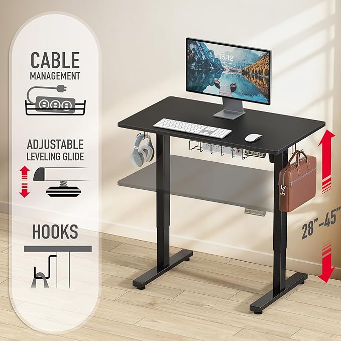 SHW 40 x 22 Inches Electric Height Adjustable Sit to Stand Desk with Hanging Hooks and Cable Management, Black Frame and Black Top