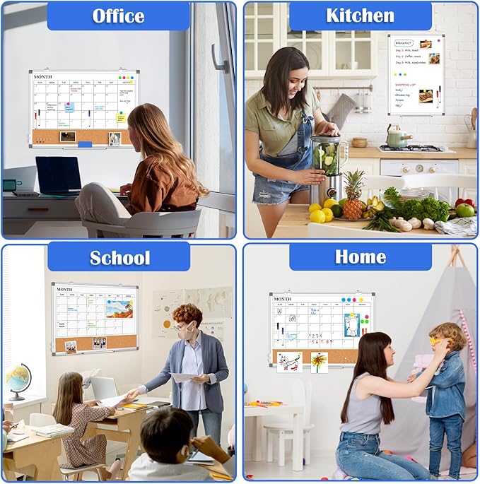 Monthly Calendar Whiteboard Dry Erase Cork Board Combo for Wall, 36" x 24" Magnetic Double-Sided Calendar White Board and Bulletin Board, Portable Board for Office, Kitchen, School, Home