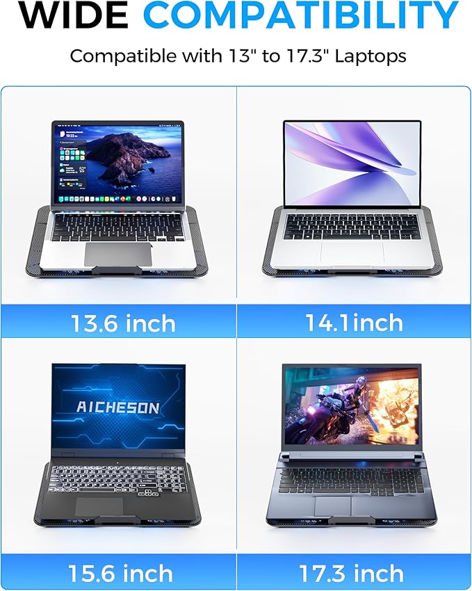 AICHESON Laptop Cooling Pad with 6 High-Speed Fans, Laptop Cooler with Adjustable Angles, Compatible with 14-17.3 Inch Laptops