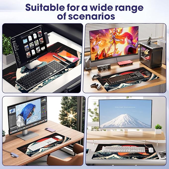 Japanese Sea Wave Large Gaming Mouse Pad – 35.4" x 15.7" Full Desk Mat, Non-Slip Rubber Base, Stitched Edges, Waterproof, Durable Surface for Esports, Office, Home