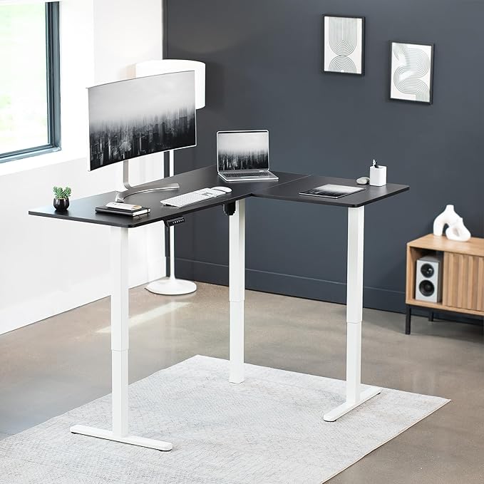 VIVO Corner Standing Desk, 63 x 47 inch Reversible L-Shaped Workstation, Electric Height Adjustment, Home, Office, and Reception Rooms, Black Table Top White Frame, DESK-E3CTWB-47