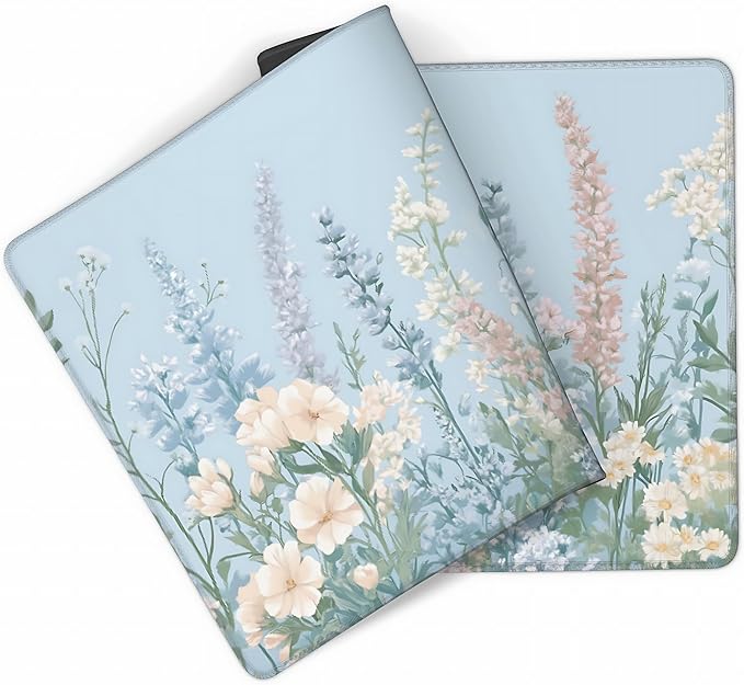 Cute Floral Aesthetic Wildflower Gaming Mouse Pad, Sky Blue Macaron Desk Mat with Anti-Slip Base & Stitched Edges, Computer Keyboard & Laptop Pad, 35.4" x 15.7" in in Workstation Accessories