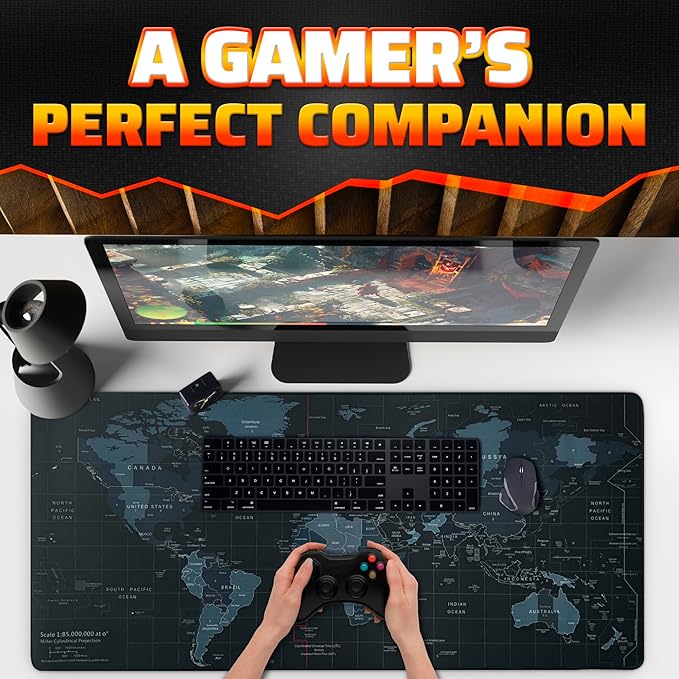 World Map Mouse Pad Large 35x15.7 - Geographical Designed XL Gaming Mouse Pad Map with Soft & Water-Resistant Coating - Easy to Clean Large Mousepads for Desk, XL Mousepad Mat for Games & Work