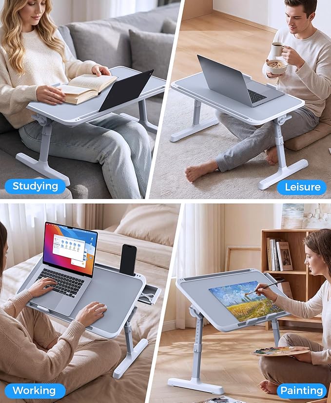 Laptop Bed Table, Height & Angle Adjustable Laptop Desk for Bed with Premium Materials, Super Sturdy Foldable Laptop Bed Tray Table with Drawer for Bed Couch Floor (Gray, 22.04"×12.2")