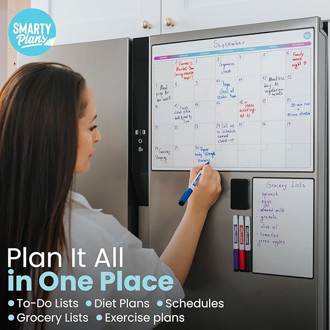 Dry Erase Weekly Extra Thick Magnetic Calendar for Refrigerator: 17x13 Two Week Planner and 6x9 White Board, 4 Fine Tip Markers and Eraser. Stain Resistant. Shipped Flat. (Monthly Planner)